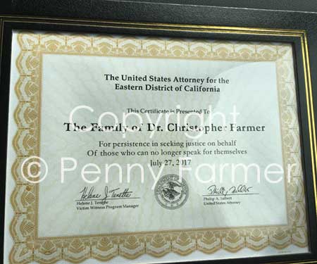 The certificate presented to Penny by the US Department of Justice, bearing the poignant words: ‘On behalf of those who can no longer speak for themselves’.