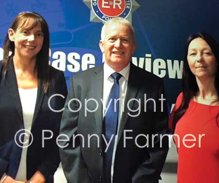 Martin Bottomley flanked by Detective Constable Michaela Clinch (left) and Detective Sergeant Julie Adams (right). 